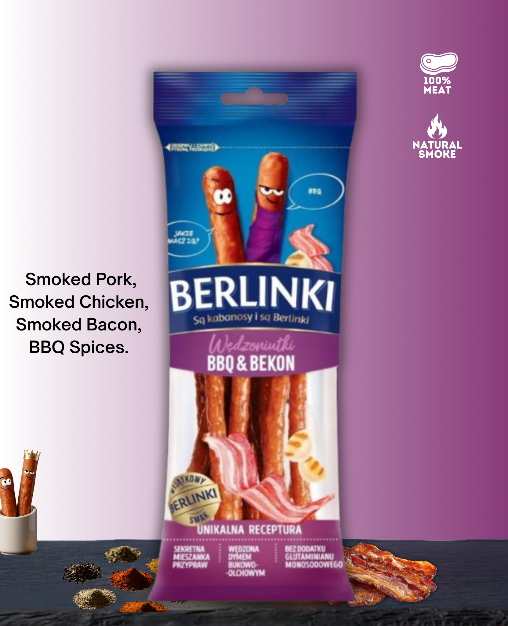 BERLINKI KABANOS BBQ-BACON CHICKENPORK 85G Berlinki Kabanos BBQ - Bacon Chicken / Pork 85g - Image 1