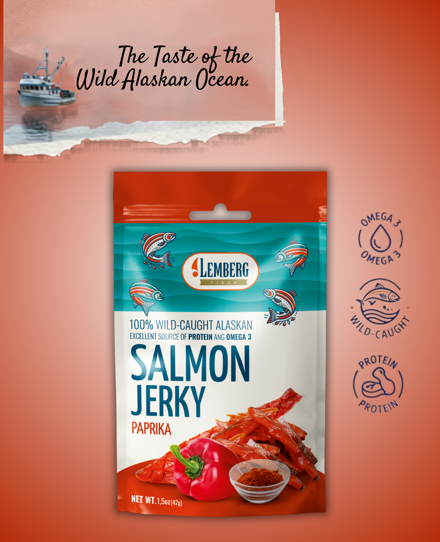 LEMBERG SALMON FISH JERKY PAPRIKA 42g Lemberg Salmon Fish Jerky Paprika 42g - Image 1